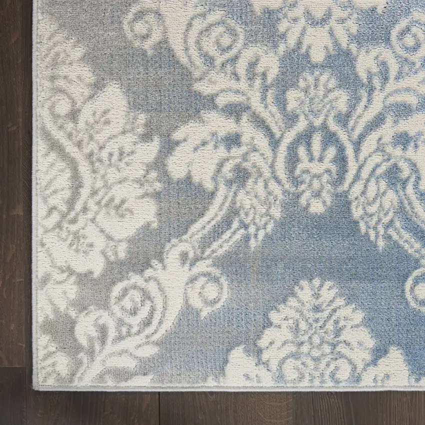 Blue and Ivory Damask Distressed Non Skid Area Rug Photo 8