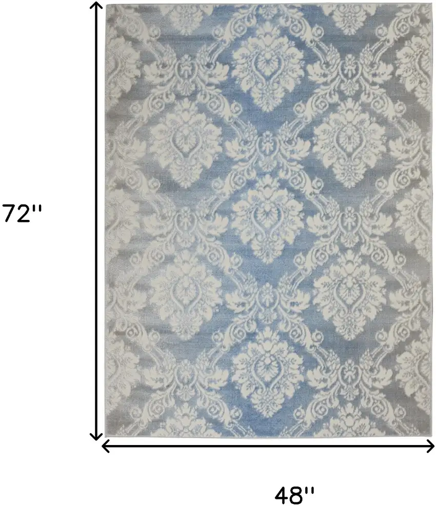 Blue and Ivory Damask Distressed Non Skid Area Rug Photo 3