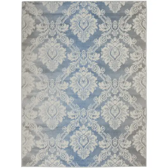 Blue and Ivory Damask Distressed Non Skid Area Rug Photo 1
