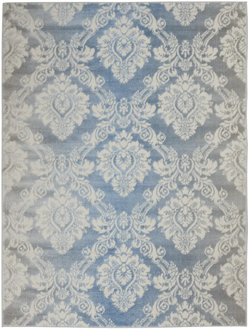 Blue and Ivory Damask Distressed Non Skid Area Rug Photo 1