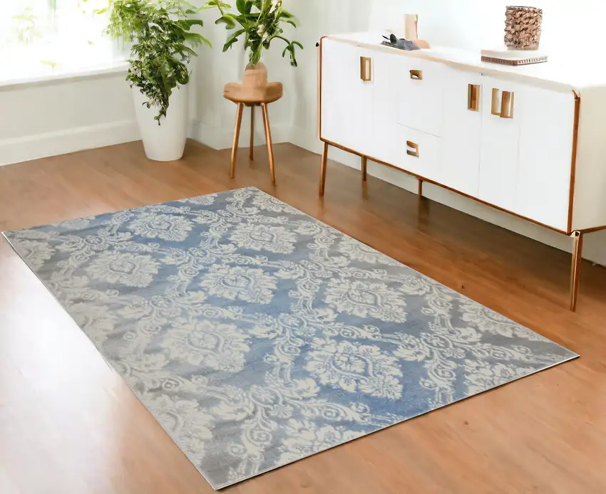 Blue and Ivory Damask Distressed Non Skid Area Rug Photo 1