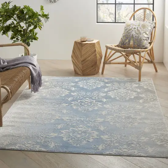 Blue and Ivory Damask Distressed Non Skid Area Rug Photo 6