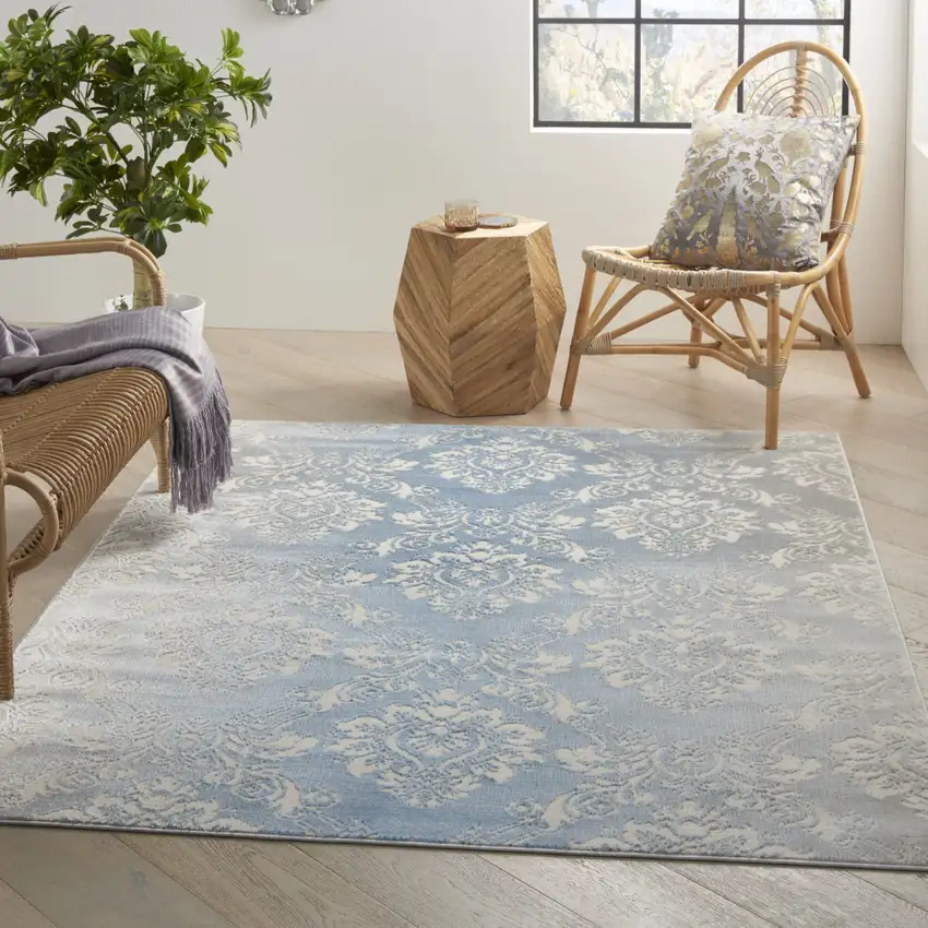 Blue and Ivory Damask Distressed Non Skid Area Rug Photo 6