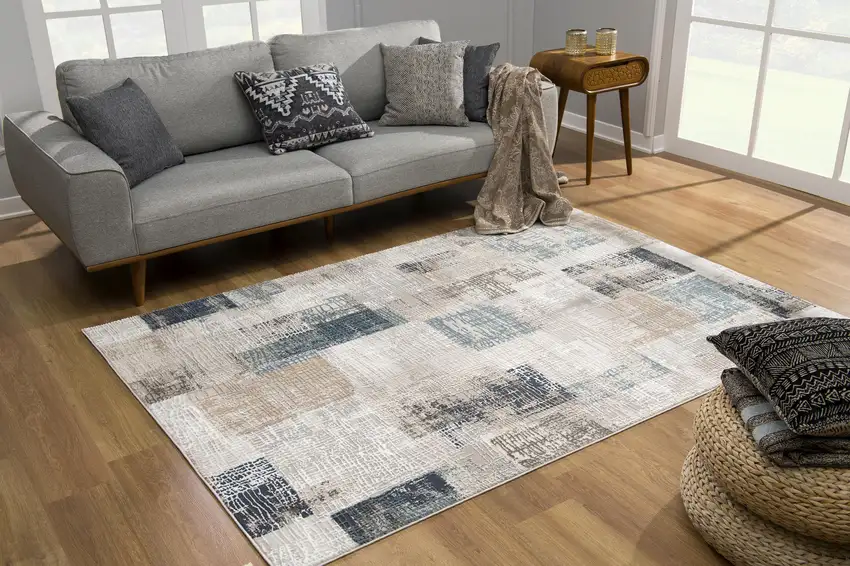 Blue and Ivory Distressed Diamonds Area Rug Photo 3