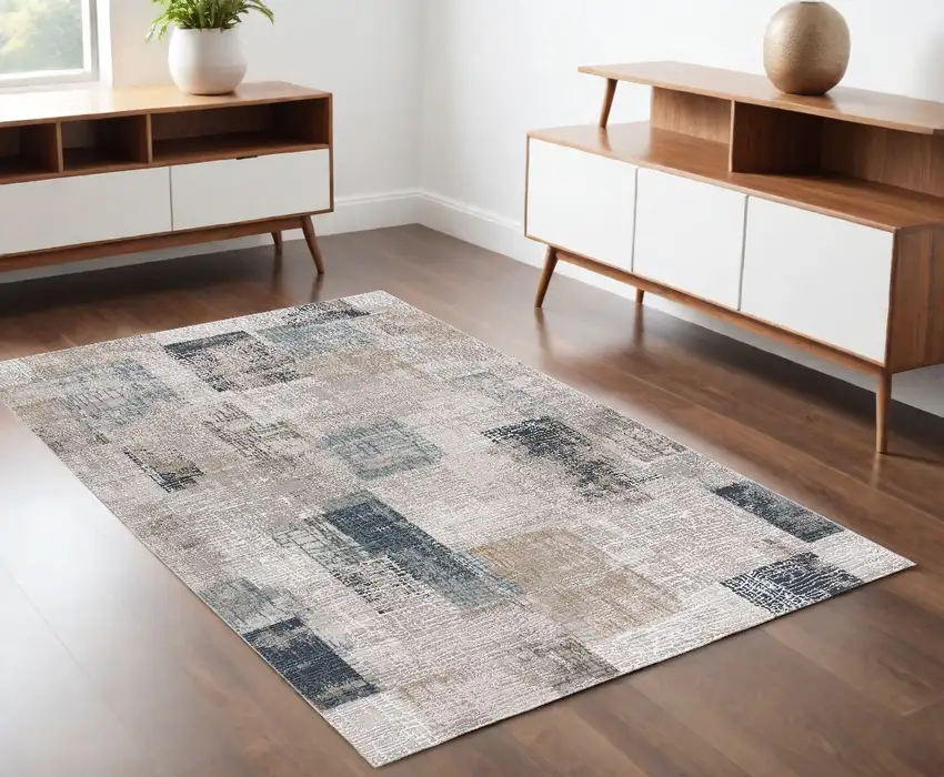 Blue and Ivory Patchwork Power Loom Area Rug Photo 1