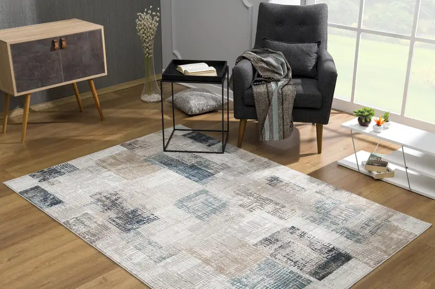 Blue and Ivory Distressed Diamonds Area Rug Photo 4