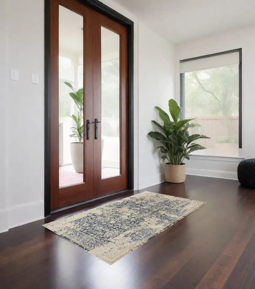 Blue and Ivory Floral Area Rug Photo 1