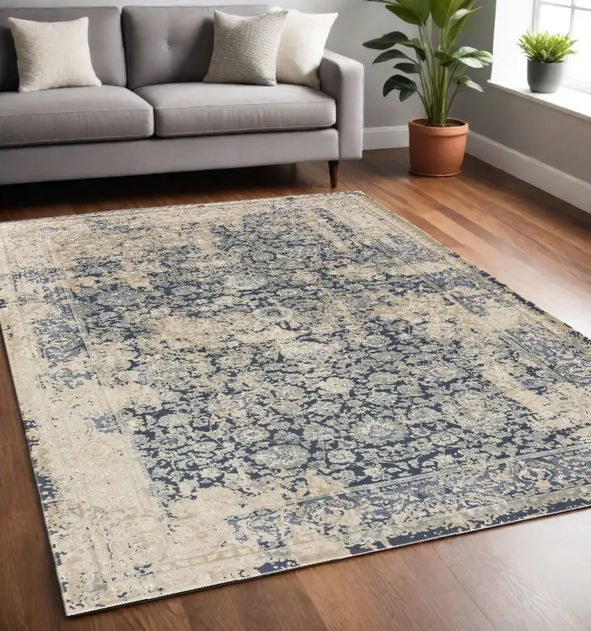Blue and Ivory Floral Area Rug Photo 1