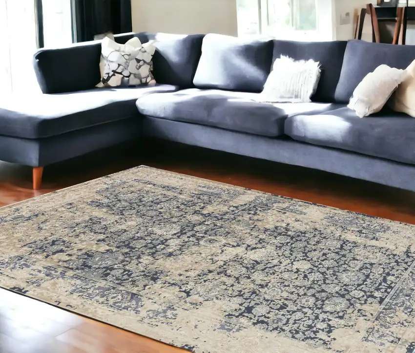 Blue and Ivory Floral Area Rug Photo 1