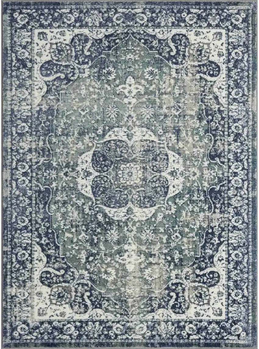Blue and Ivory Floral Area Rug Photo 2