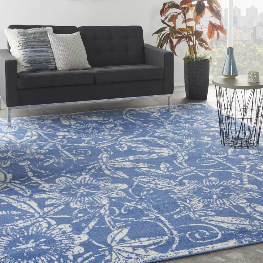 Blue and Ivory Floral Distressed Non Skid Area Rug Photo 8