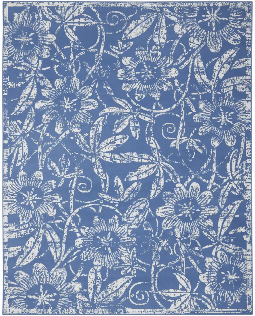 Blue and Ivory Floral Distressed Non Skid Area Rug Photo 7