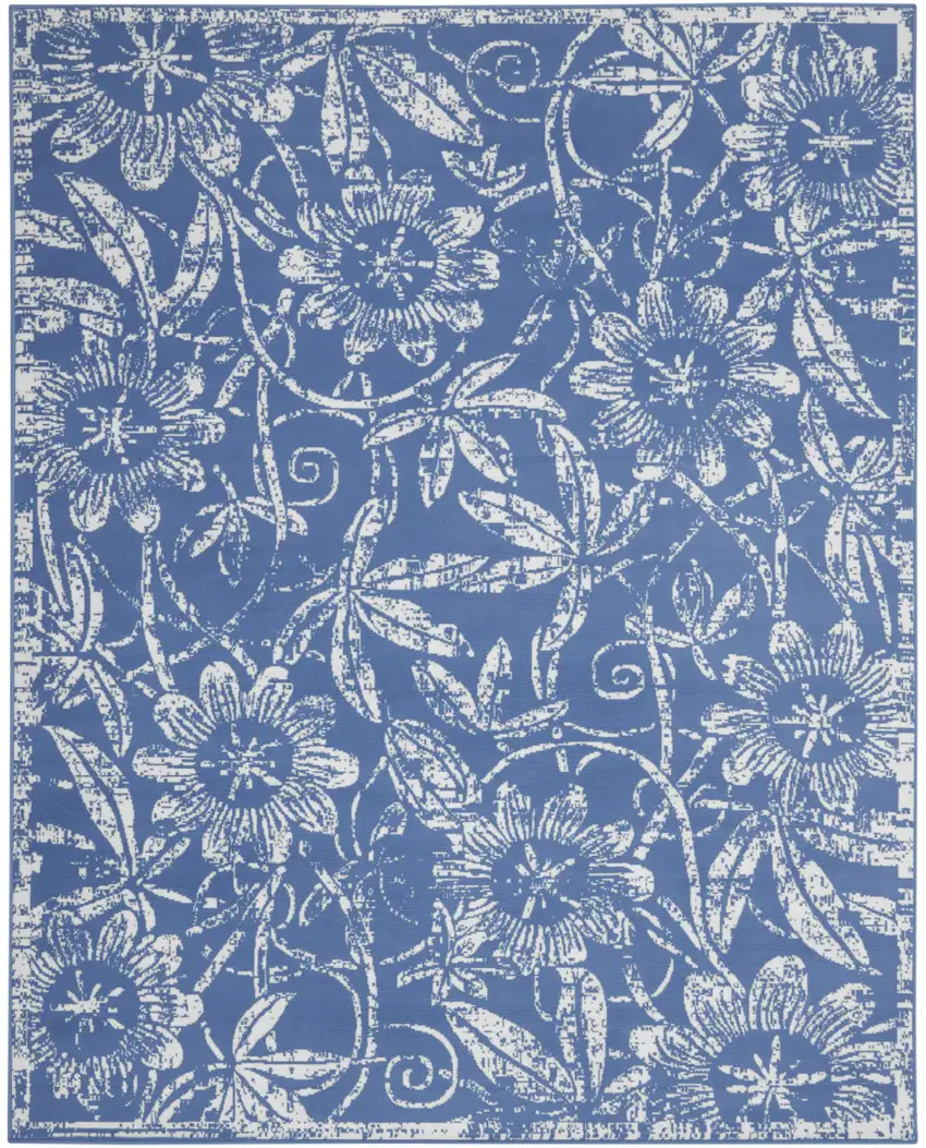Blue and Ivory Floral Distressed Non Skid Area Rug Photo 8