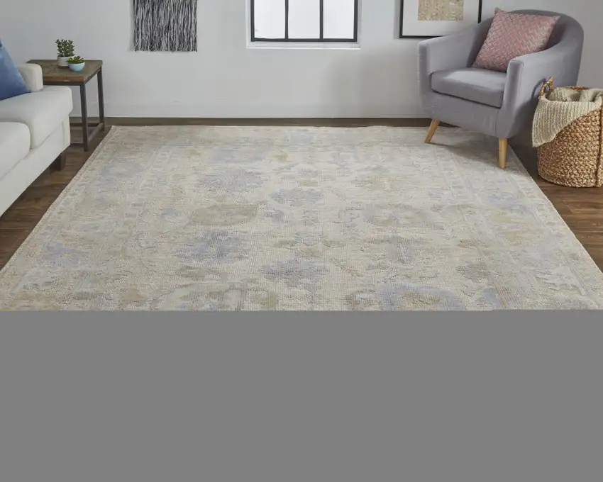 Blue and Ivory Floral Hand Knotted Area Rug Photo 8