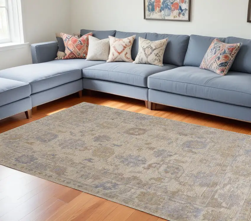 Blue and Ivory Floral Hand Knotted Area Rug Photo 1