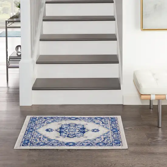 Blue and Ivory Floral Medallion Area Rug Photo 3