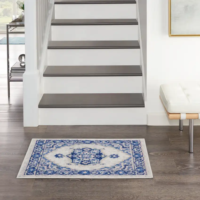 Blue and Ivory Floral Medallion Area Rug Photo 3