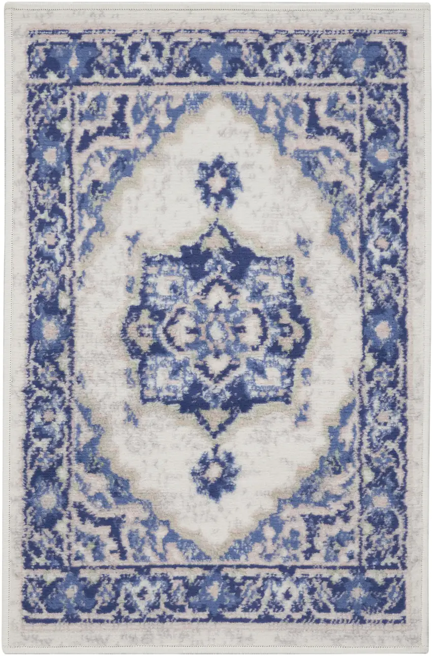 Blue and Ivory Floral Medallion Area Rug Photo 2