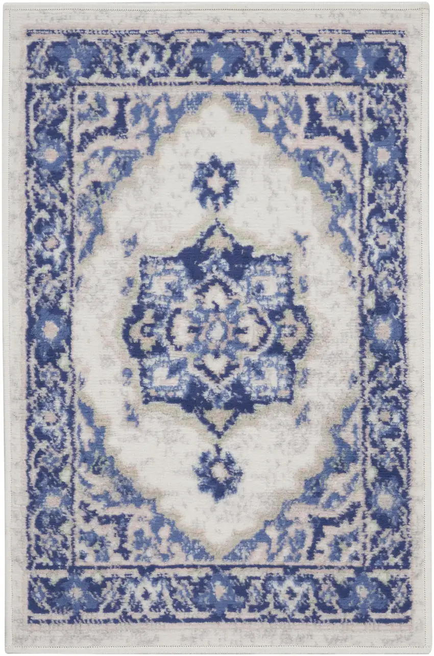 Blue and Ivory Floral Medallion Area Rug Photo 4