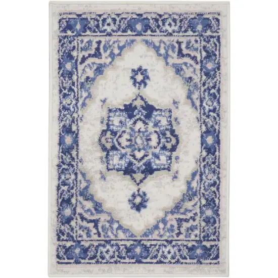 Blue and Ivory Floral Medallion Area Rug Photo 6
