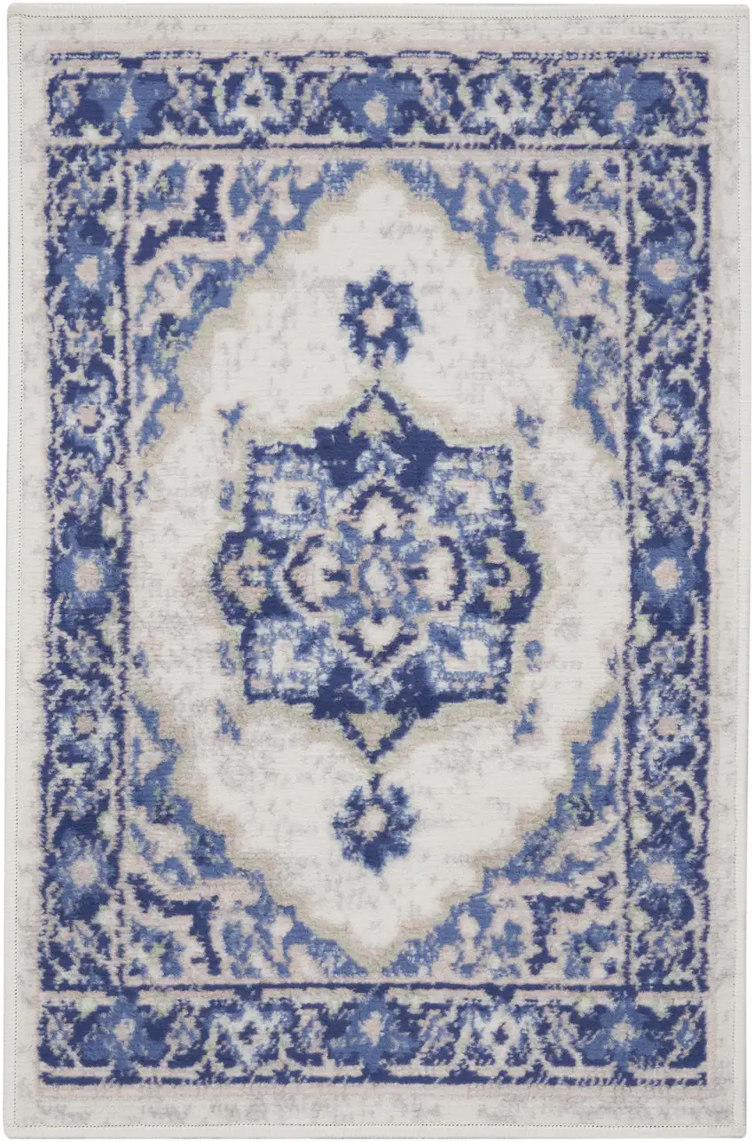 Blue and Ivory Floral Medallion Area Rug Photo 6