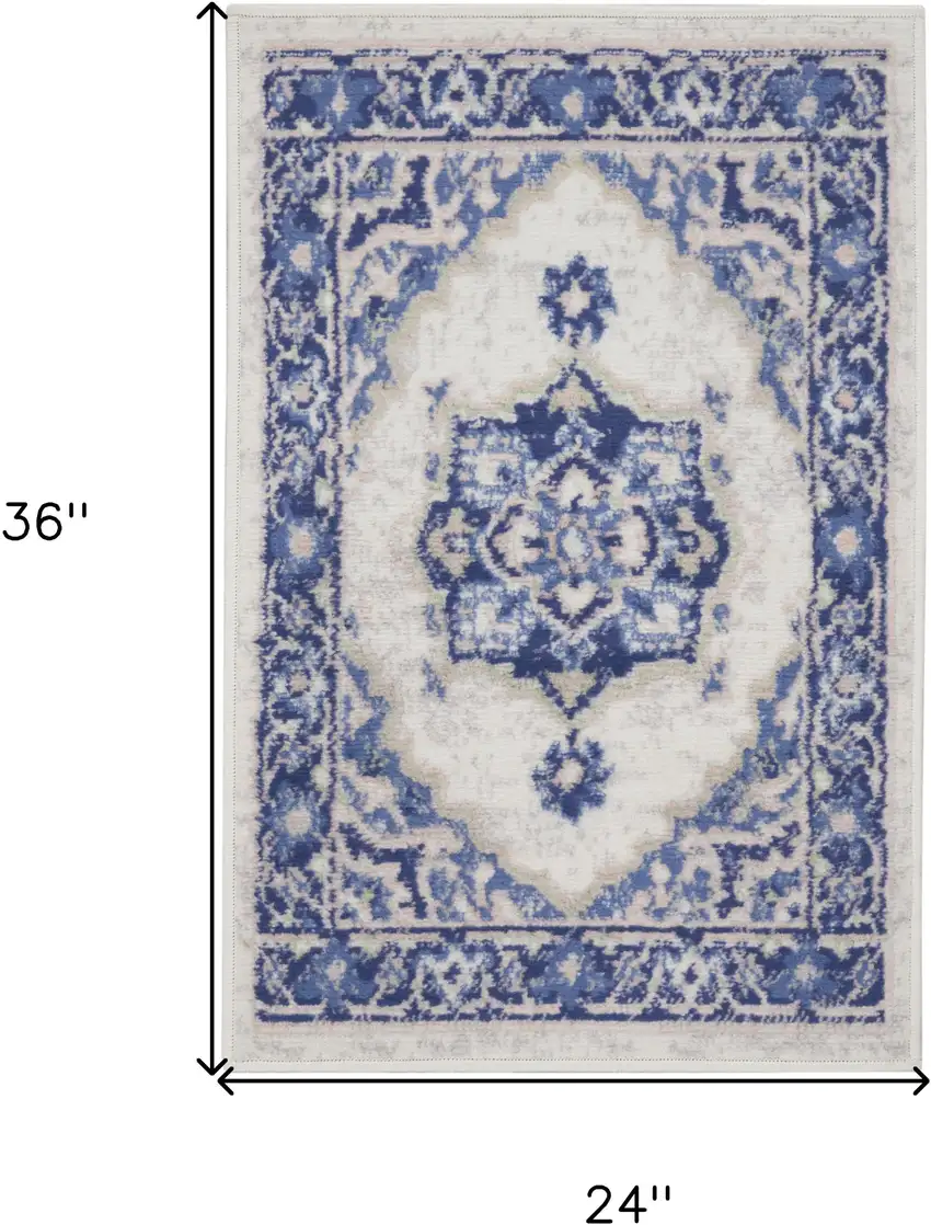 Blue and Ivory Floral Medallion Area Rug Photo 3