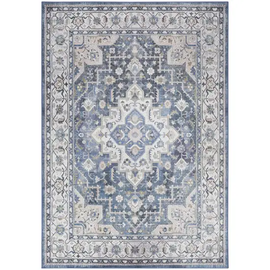 Blue and Ivory Floral Medallion Distressed Non Skid Area Rug Photo 2