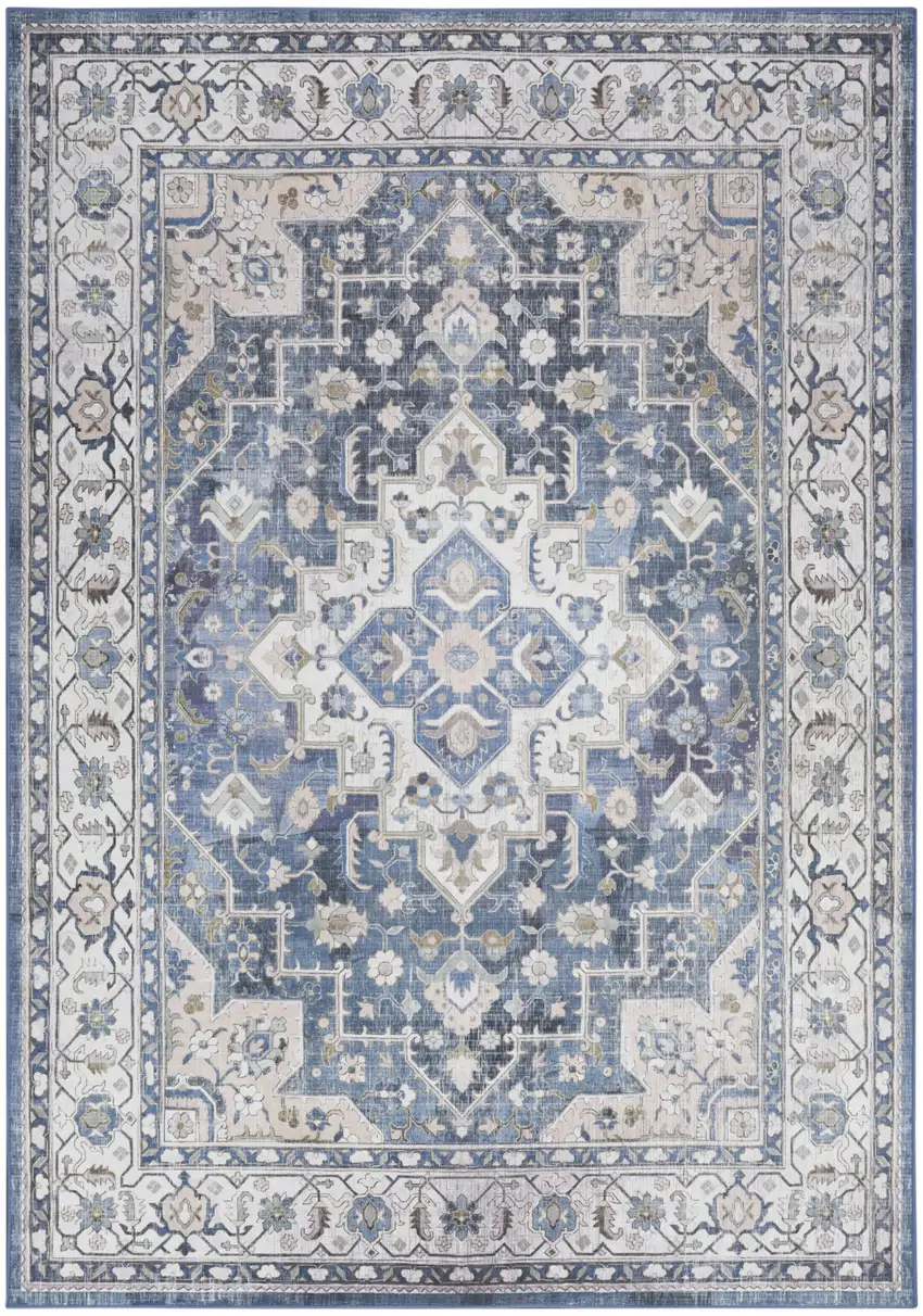Blue and Ivory Floral Medallion Distressed Non Skid Area Rug Photo 2