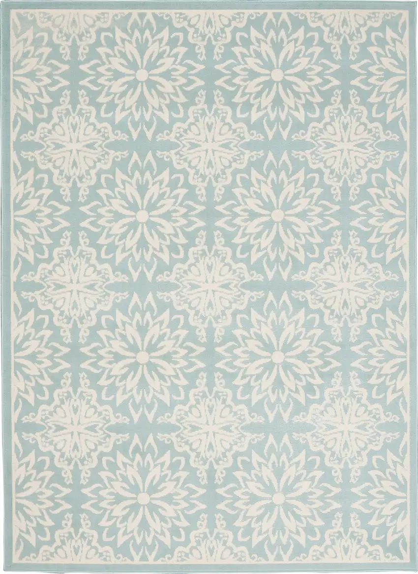 Blue and Ivory Floral Medallion Power Loom Area Rug Photo 5