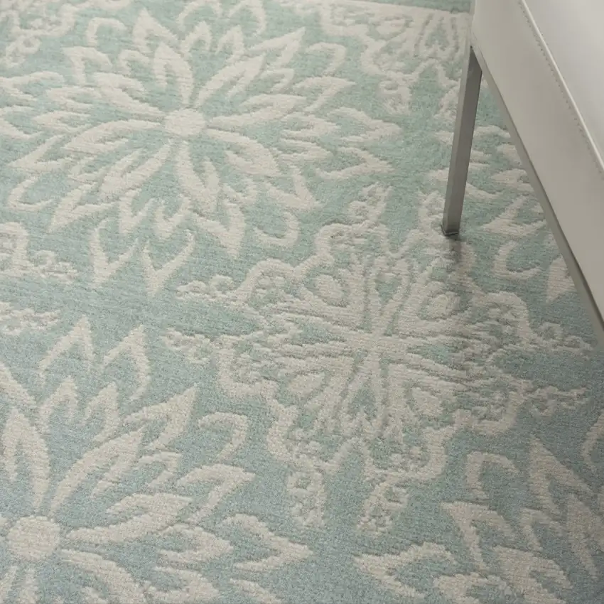 Blue and Ivory Floral Medallion Power Loom Area Rug Photo 9