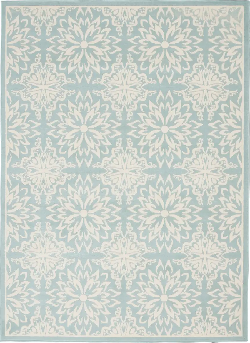 Blue and Ivory Floral Medallion Power Loom Area Rug Photo 2