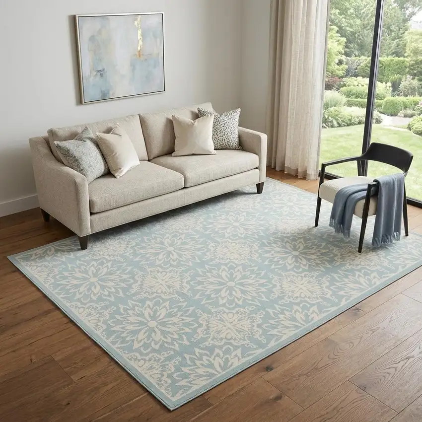 Blue and Ivory Floral Medallion Power Loom Area Rug Photo 1