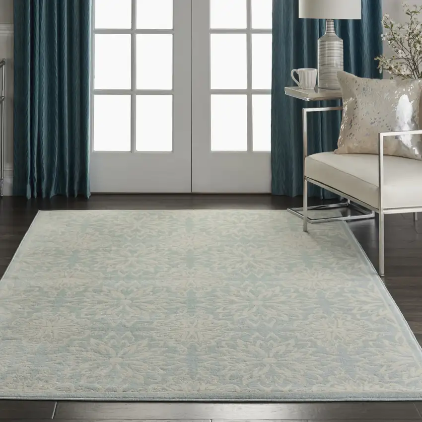 Blue and Ivory Floral Medallion Power Loom Area Rug Photo 4
