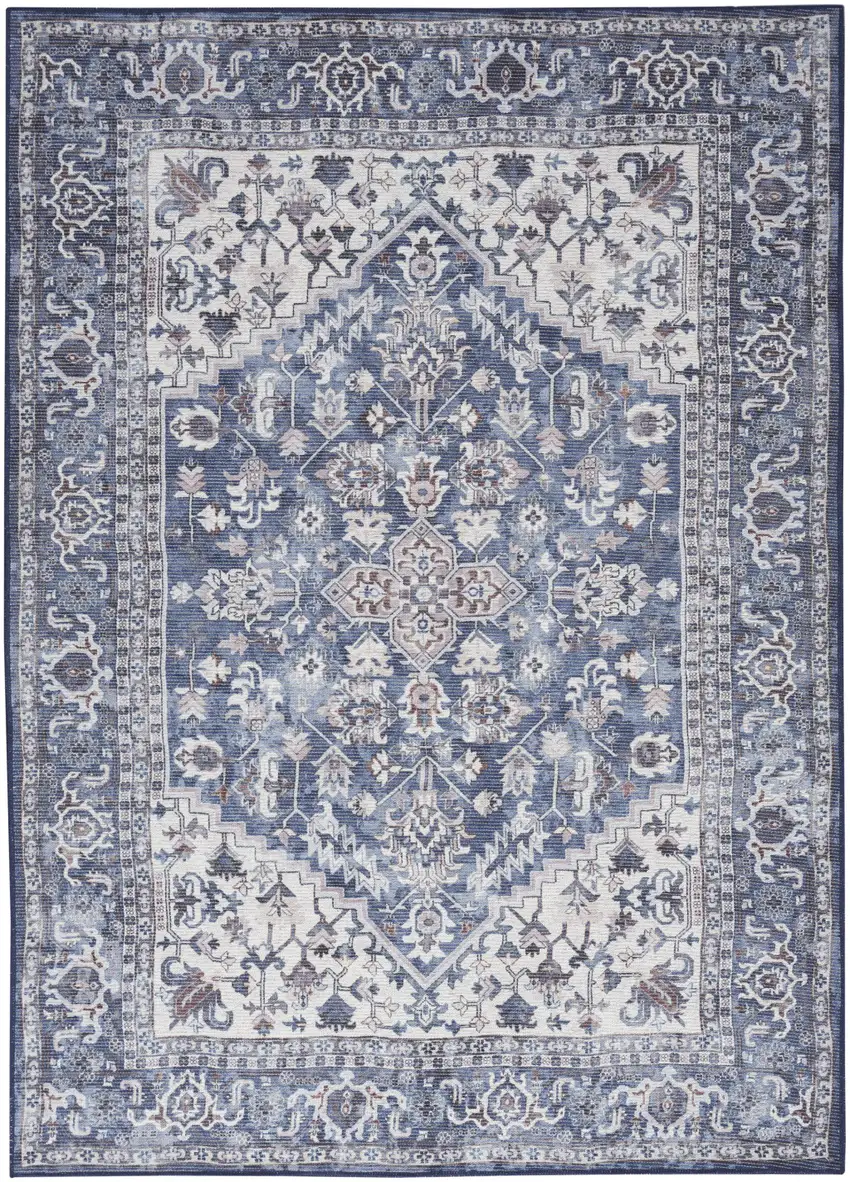 Blue and Ivory Floral Medallion Power Loom Distressed Area Rug Photo 1