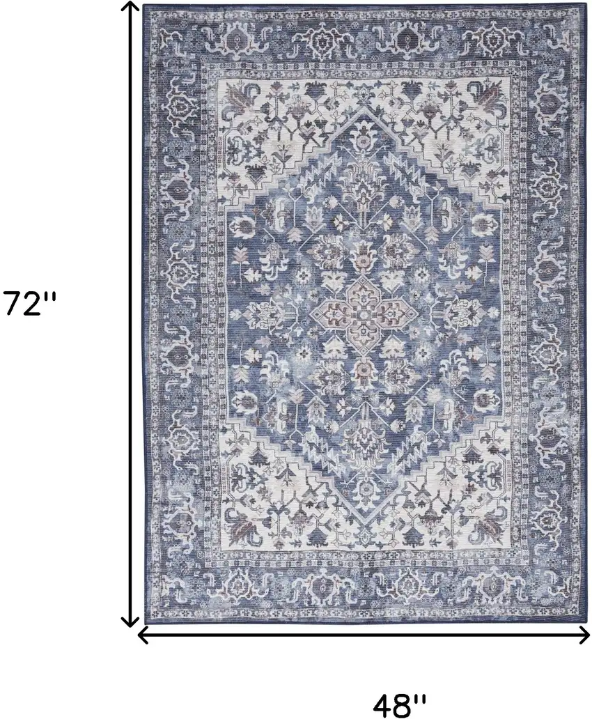 Blue and Ivory Floral Medallion Power Loom Distressed Area Rug Photo 3