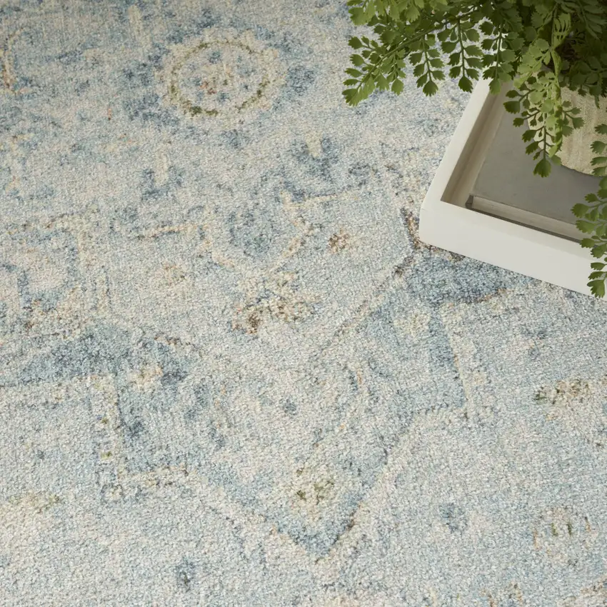 Blue and Ivory Floral Medallion Power Loom Distressed Washable Area Rug Photo 9