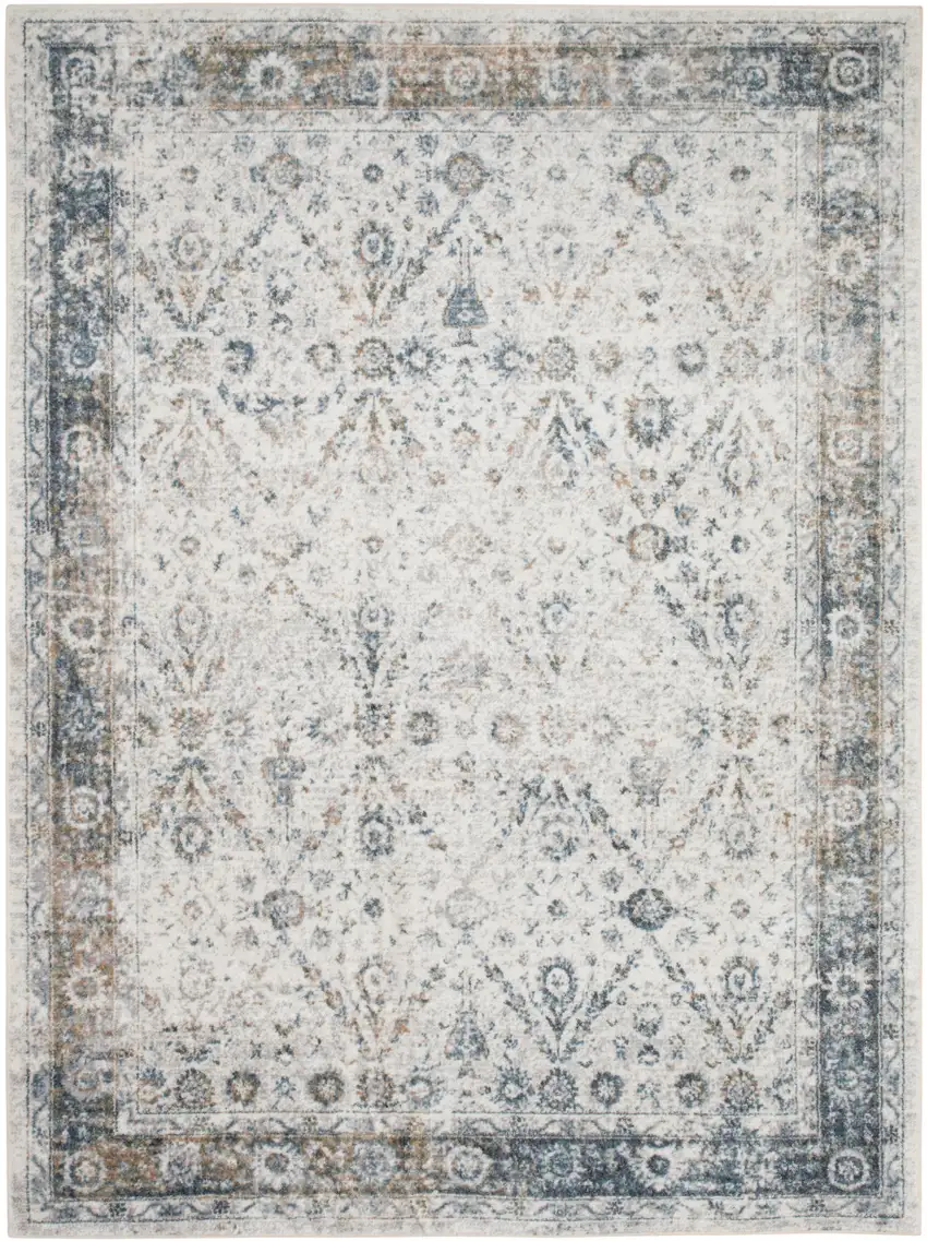 Blue and Ivory Floral Medallion Power Loom Distressed Washable Area Rug Photo 6