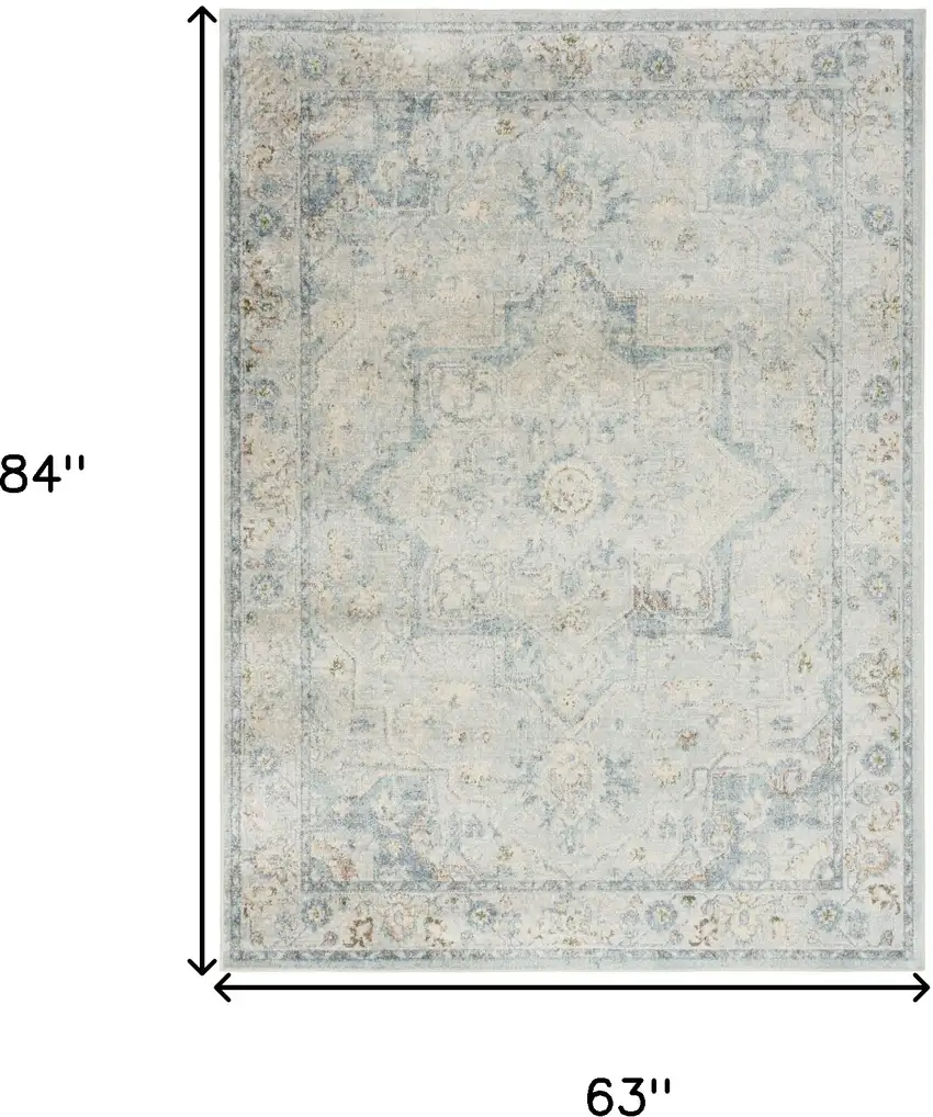 Blue and Ivory Floral Medallion Power Loom Distressed Washable Area Rug Photo 3