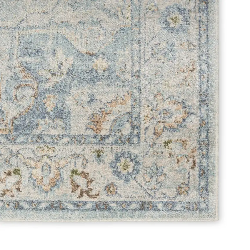 Blue and Ivory Floral Medallion Power Loom Distressed Washable Area Rug Photo 8