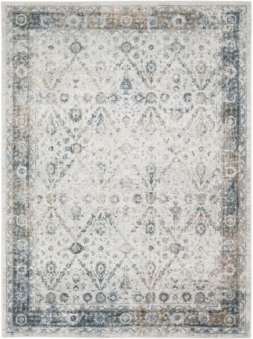 Blue and Ivory Floral Medallion Power Loom Distressed Washable Area Rug Photo 1