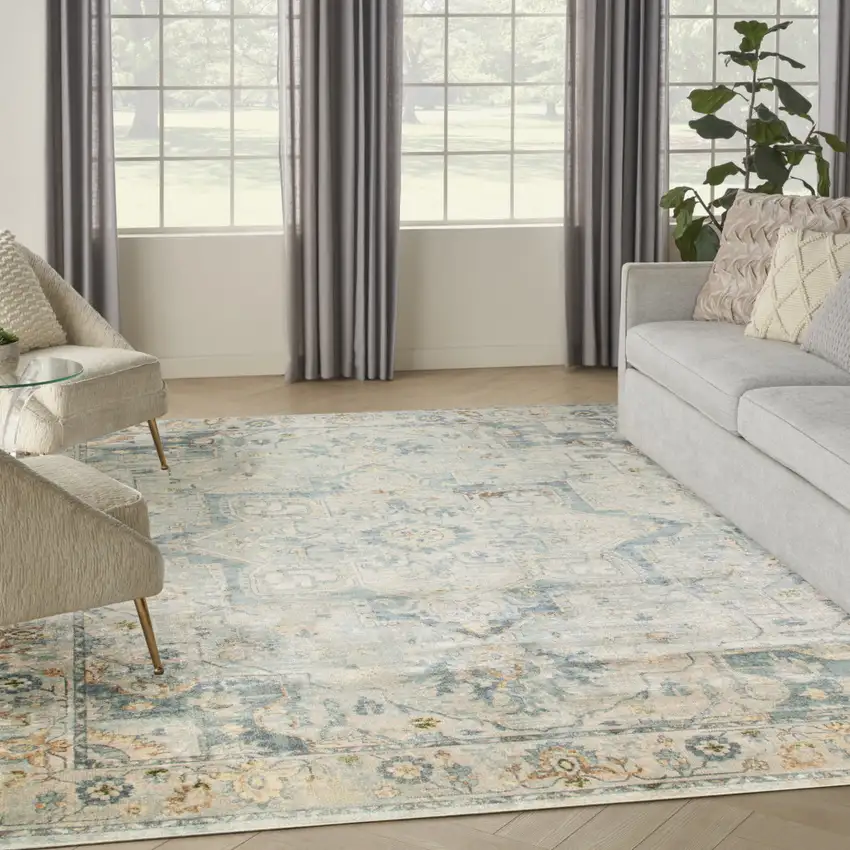 Blue and Ivory Floral Medallion Power Loom Distressed Washable Area Rug Photo 5