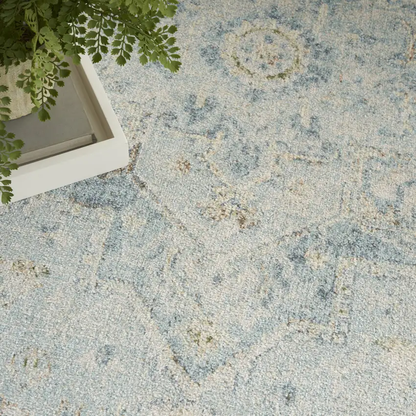 Blue and Ivory Floral Medallion Power Loom Distressed Washable Area Rug Photo 9
