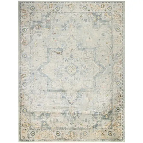Blue and Ivory Floral Medallion Power Loom Distressed Washable Area Rug Photo 1