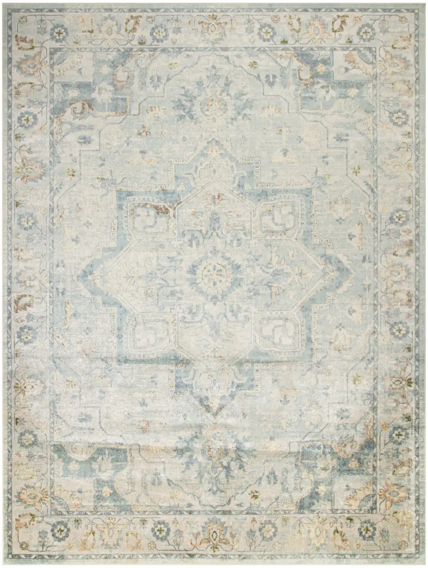 Blue and Ivory Floral Medallion Power Loom Distressed Washable Area Rug Photo 1