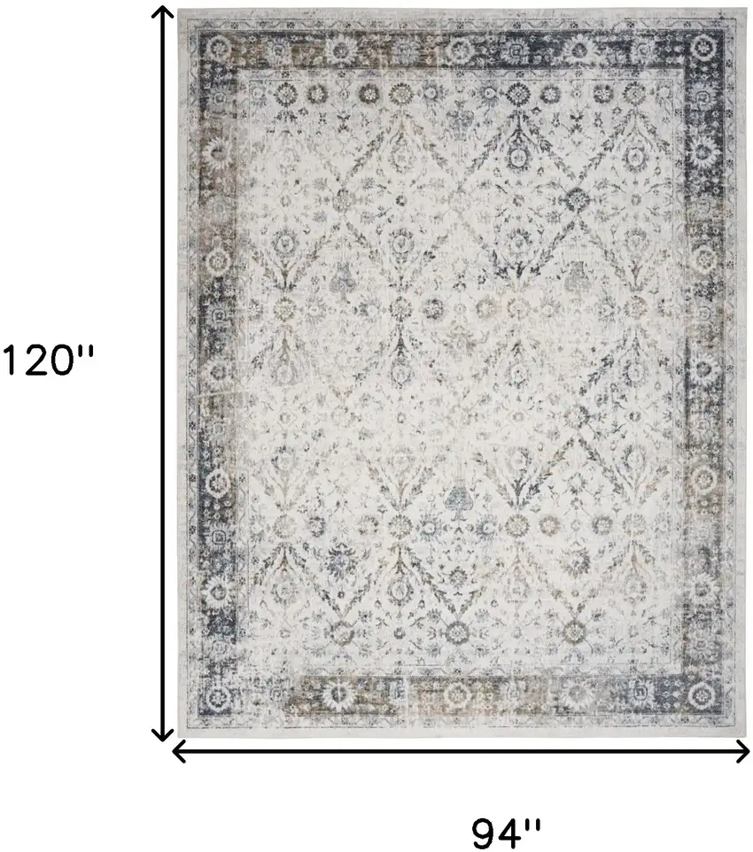 Blue and Ivory Floral Medallion Power Loom Distressed Washable Area Rug Photo 9