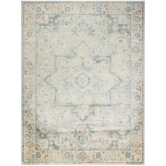 Blue and Ivory Floral Medallion Power Loom Distressed Washable Area Rug Photo 1