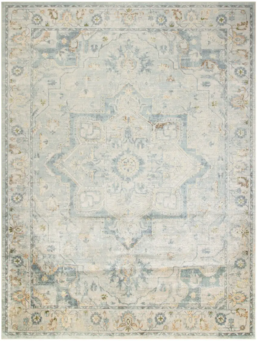 Blue and Ivory Floral Medallion Power Loom Distressed Washable Area Rug Photo 1