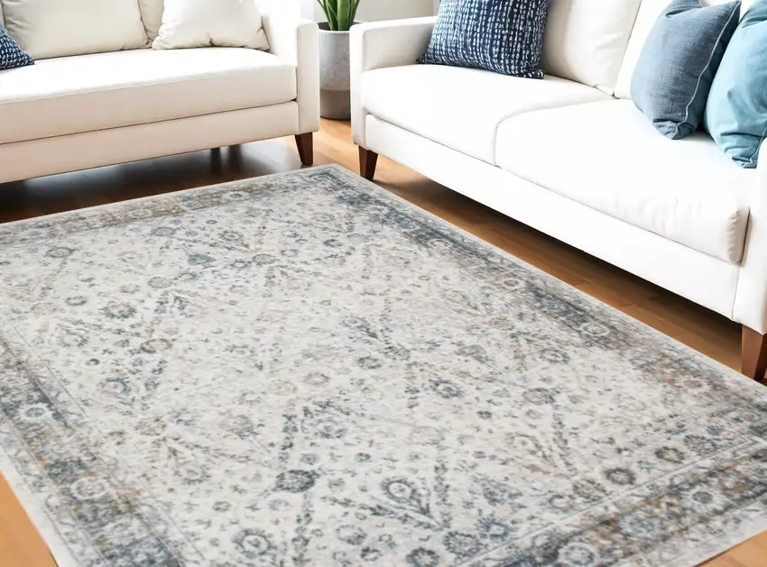 Blue and Ivory Floral Medallion Power Loom Distressed Washable Area Rug Photo 2