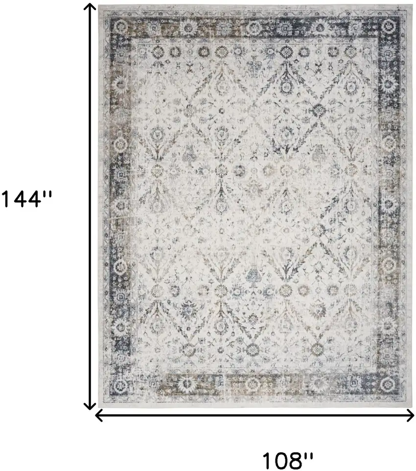 Blue and Ivory Floral Medallion Power Loom Distressed Washable Area Rug Photo 9