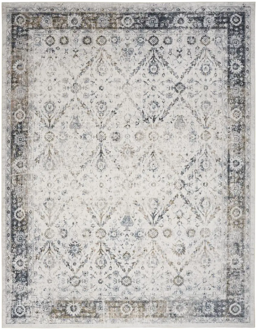 Blue and Ivory Floral Medallion Power Loom Distressed Washable Area Rug Photo 1